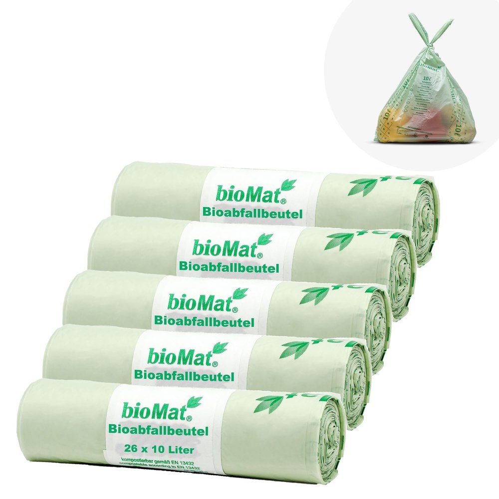 bioMat Compostable 10L Organic Waste Bags with Carry Handles, 130 Bags, DINplus Certified, Climate-Neutral, Made in Germany