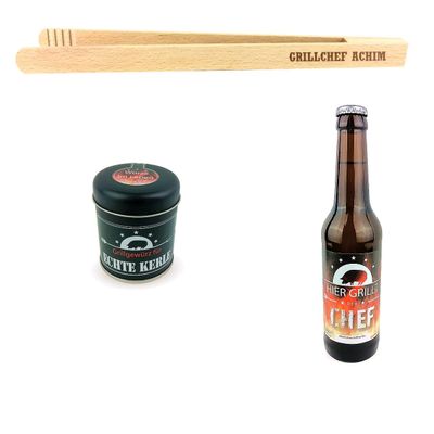 3-Piece Gift Set for Real Men: Beer, BBQ Spice and Engraved Grill Tongs "Grillchef + Peter"