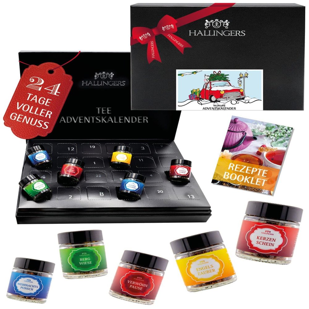 Hallingers Tea Advent Calendar Set – 24 Premium Loose-Leaf Tea Varieties in Elegant Box with “Christmas Car” Recipe Booklet