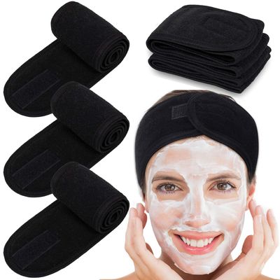 Whaline 4-Pack Black Terry Cloth Spa Headbands with Adjustable Hook-and-Loop Closure