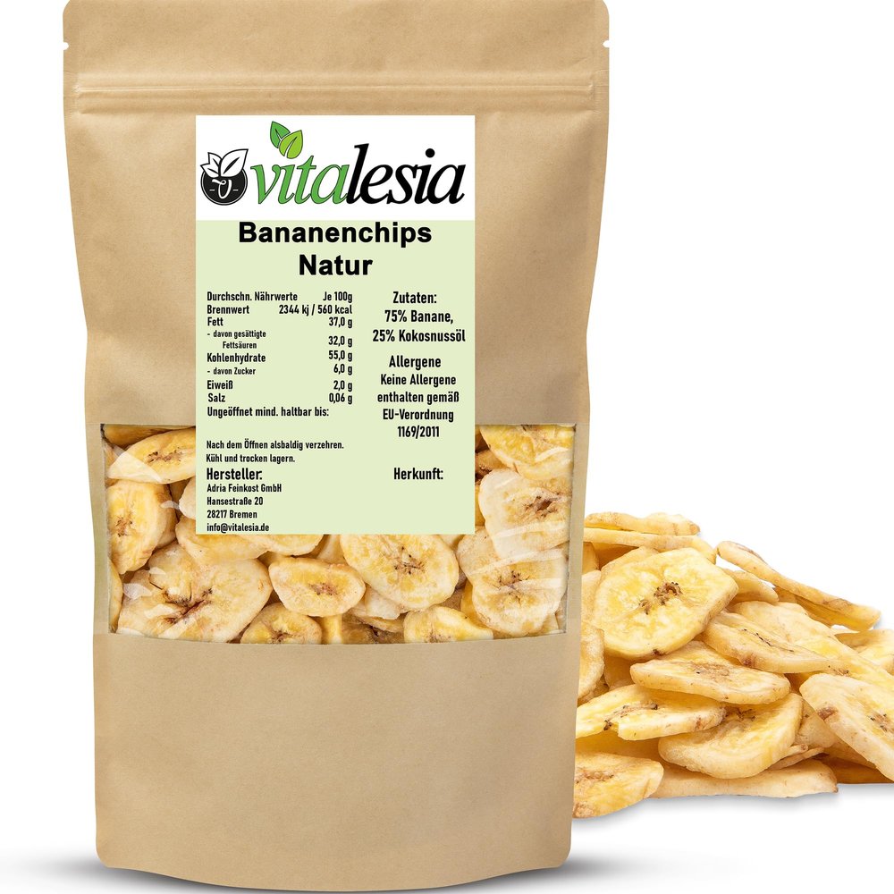 Vitalesia Unsweetened Plantain Chips, 1 kg, Dried, Roasted, Unsulphured