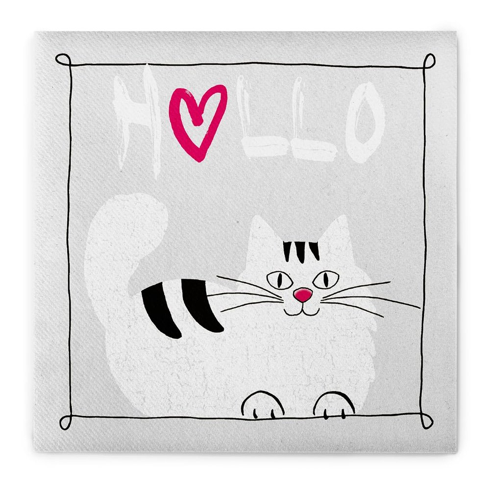 Sovie HOME MORITZ Pink Napkins, Linclass Airlaid, 40 x 40 cm, 1/4 Fold, 12 Count, White Cat Design with Black Stripes and Pink Heart