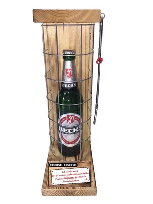 Christmas Gift for Business Partners: Beck’s Beer “Iron Reserve” Cage with Red Message and Hacksaw, 1 x 0.5 L