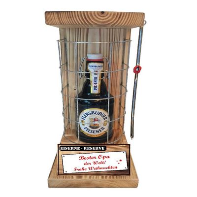 Christmas Gift for Grandpa: Flensburger Pilsener in Iron Reserve Cage with Saw, Red “Best Grandpa in the World” Text (1 x 0.33 L)