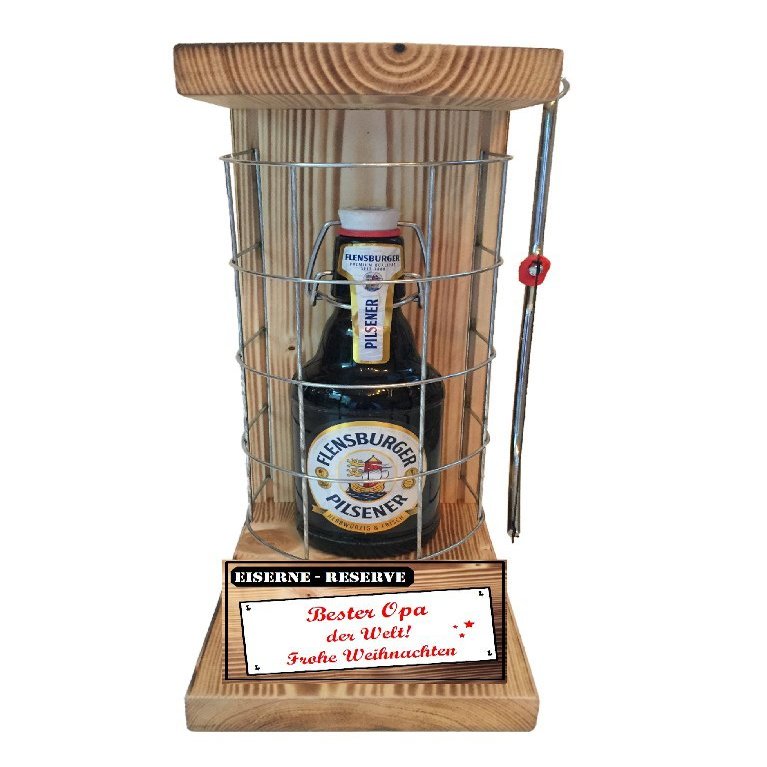 Christmas Gift for Grandpa: Flensburger Pilsener in Iron Reserve Cage with Saw, Red “Best Grandpa in the World” Text (1 x 0.33 L)