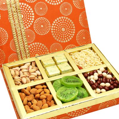 Ghasitaram Gifts Diwali Dry Fruit Hamper, Satin 6-Compartment Box