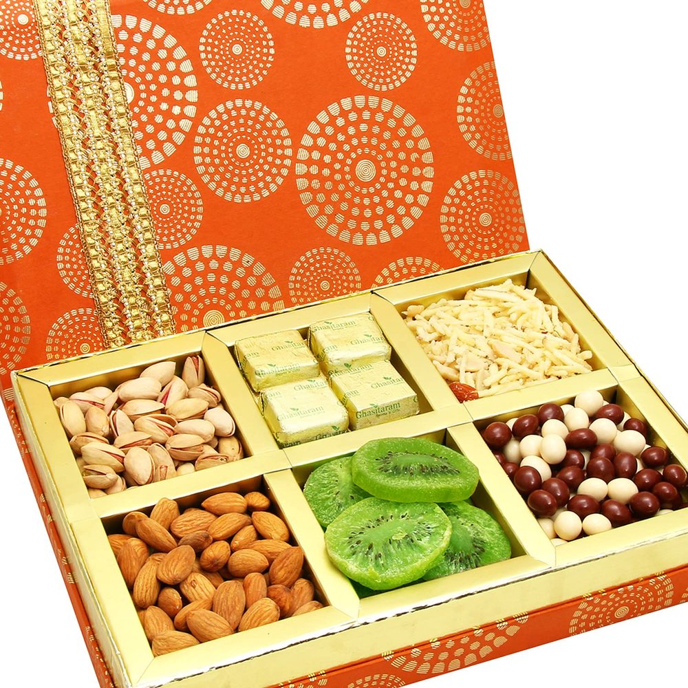 Ghasitaram Gifts Diwali Dry Fruit Hamper, Satin 6-Compartment Box