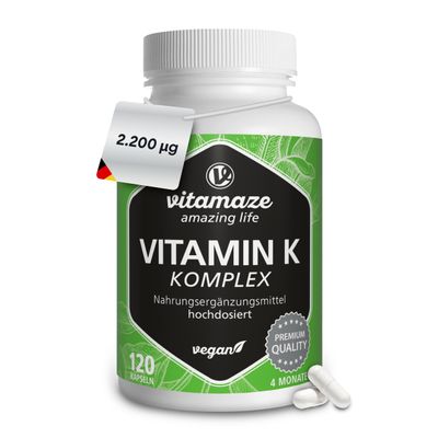 High-Dose Vegan Vitamin K Complex, K1 1,000 mcg + K2 MK4 1,000 mcg + MK7 200 mcg, 120 Capsules