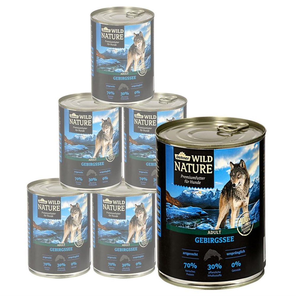 Dehner Wild Nature Mountain Lake Adult Wet Dog Food, Grain-Free and Sugar-Free, Salmon & Chicken, 6 x 800 g Cans