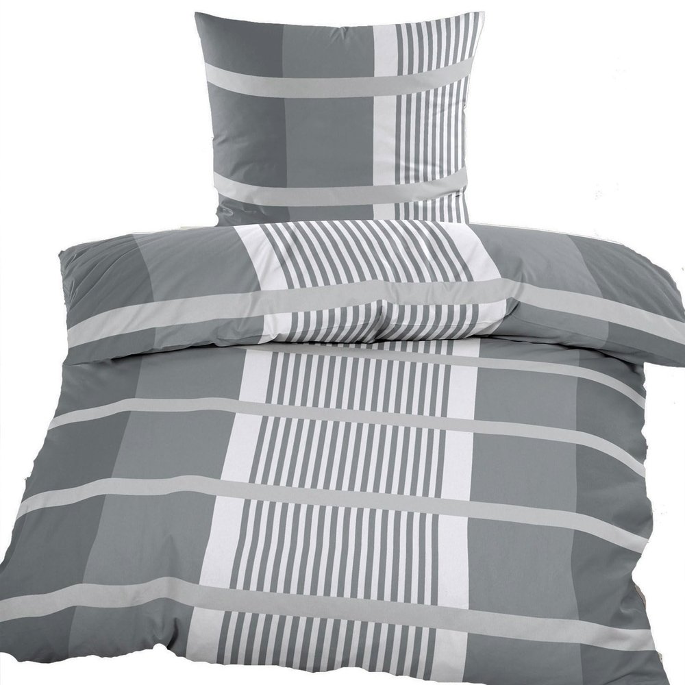 KH-Haushaltshandel Cotton Flannel Winter Bedding Set 135 x 200 + 80 x 80 cm, 100% Cotton, Gray Plaid (40140)