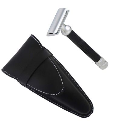 Safety Razor with Closed Comb, Chrome and Graphite, with Leather Case