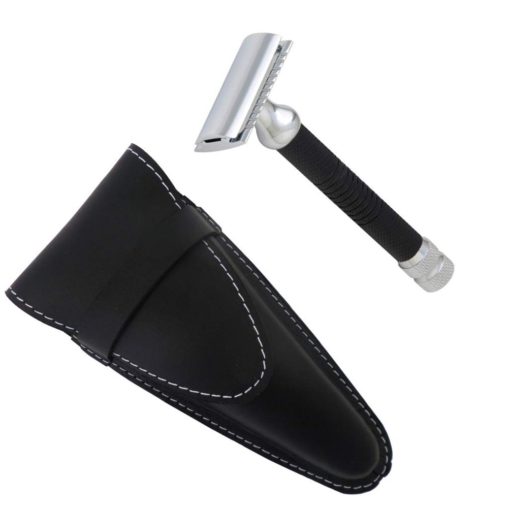 Safety Razor with Closed Comb, Chrome and Graphite, with Leather Case