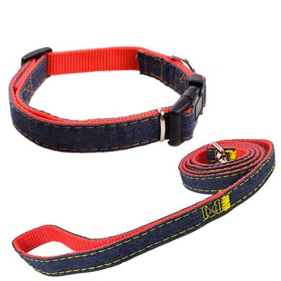 Newtensina Fashion Denim Dog Collar and Leash Set, Red, S