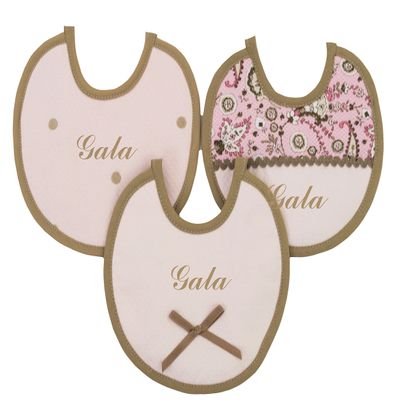 Set of 3 Personalized Embroidered Cotton and Terry Bibs, Pink and Camel