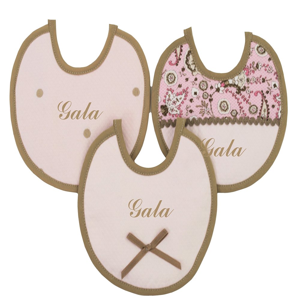 Set of 3 Personalized Embroidered Cotton and Terry Bibs, Pink and Camel