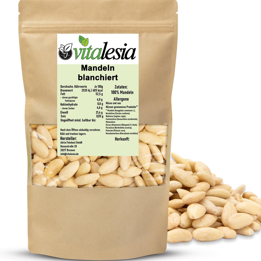 Vitalesia Whole Blanched Almonds, Peeled, Unsalted, Unroasted, 500 g