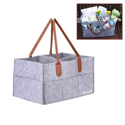 MCUILEE Gray Felt Baby Diaper Caddy with Brown Leather Handle