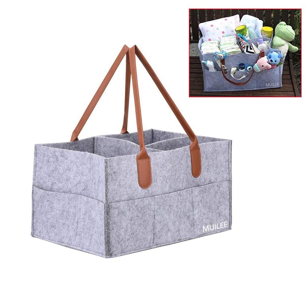MCUILEE Gray Felt Baby Diaper Caddy with Brown Leather Handle