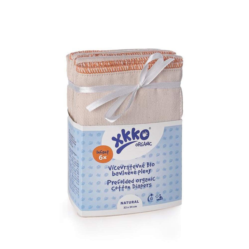 XKKO Prefolds – 100% Organic Cotton – 6 Pack – Small (Orange Edge) – 32 x 34 cm (3–7 kg)