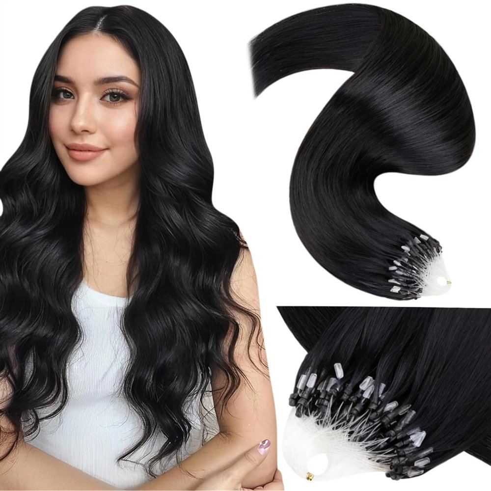 LaaVoo Microring Extensions Natural Black Remy Human Hair Straight, 50g, 1g/Strand, 40cm, #1
