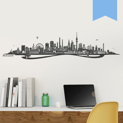 WANDKINGS Wall Decal – Ruhrpott Skyline (with River) – 200 x 46 cm – Light Blue