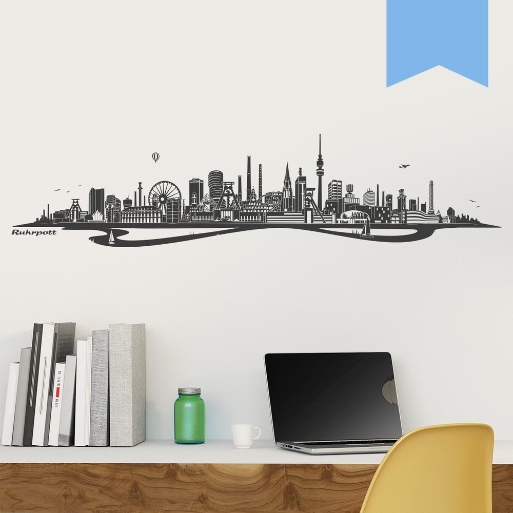 WANDKINGS Wall Decal – Ruhrpott Skyline (with River) – 200 x 46 cm – Light Blue