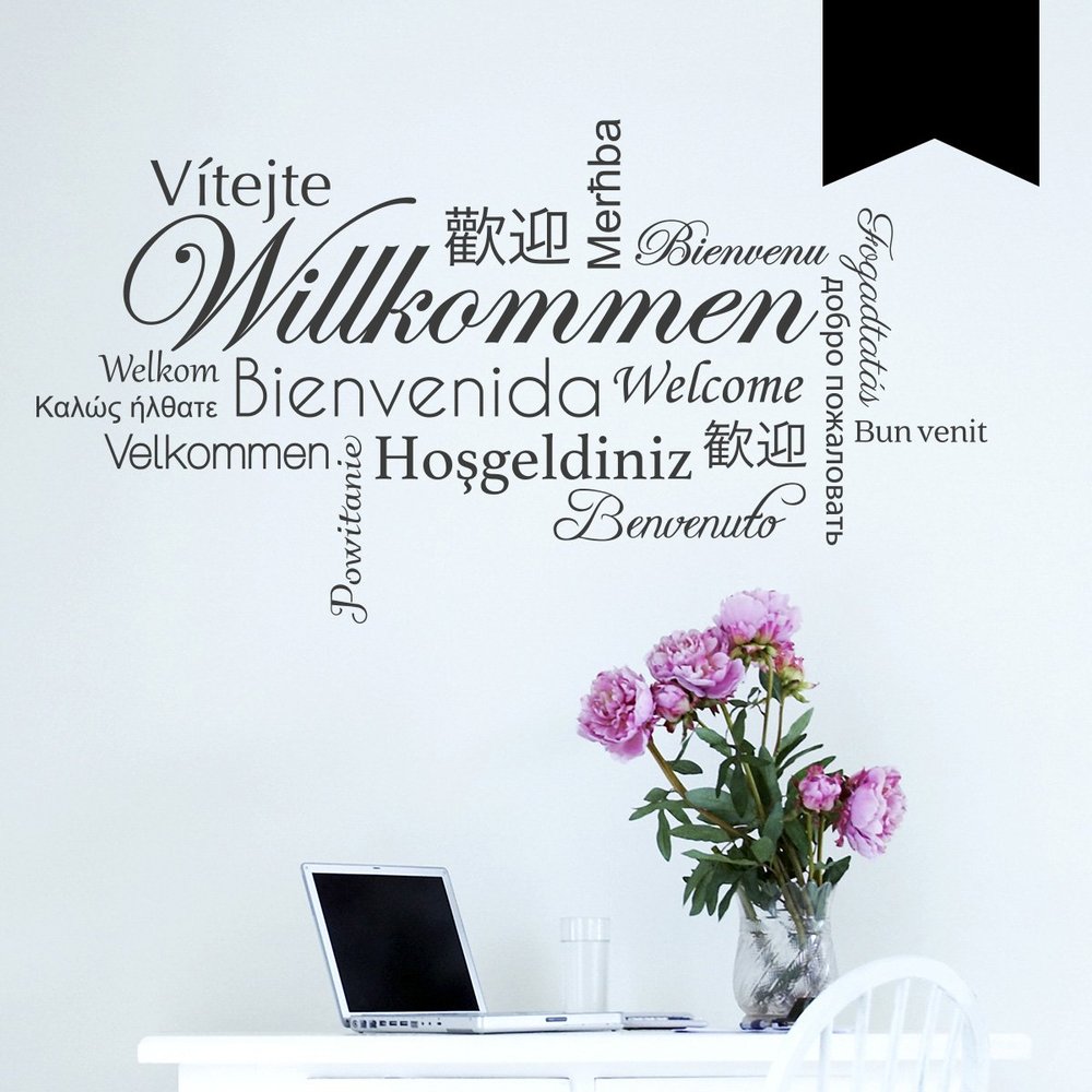 WANDKINGS Wall Decal – Welcome in Various Languages – 50 x 27 cm – Black – Choose from 5 Sizes & 35 Colors