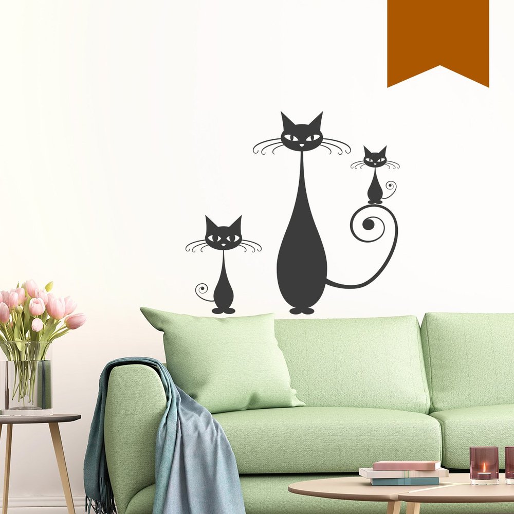 WANDKINGS Wall Decal – Cat Family, Set of 3 Cats, 52 x 50 cm, Walnut Brown
