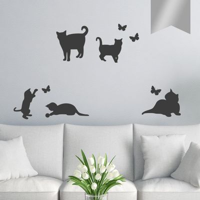 WANDKINGS Wall Decal – 5 Cats and 4 Butterflies – 32 x 40 cm – Silver