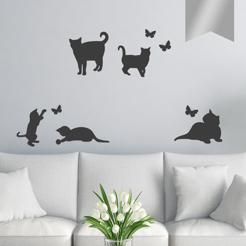 WANDKINGS Wall Decal – 5 Cats and 4 Butterflies – 32 x 40 cm – Silver