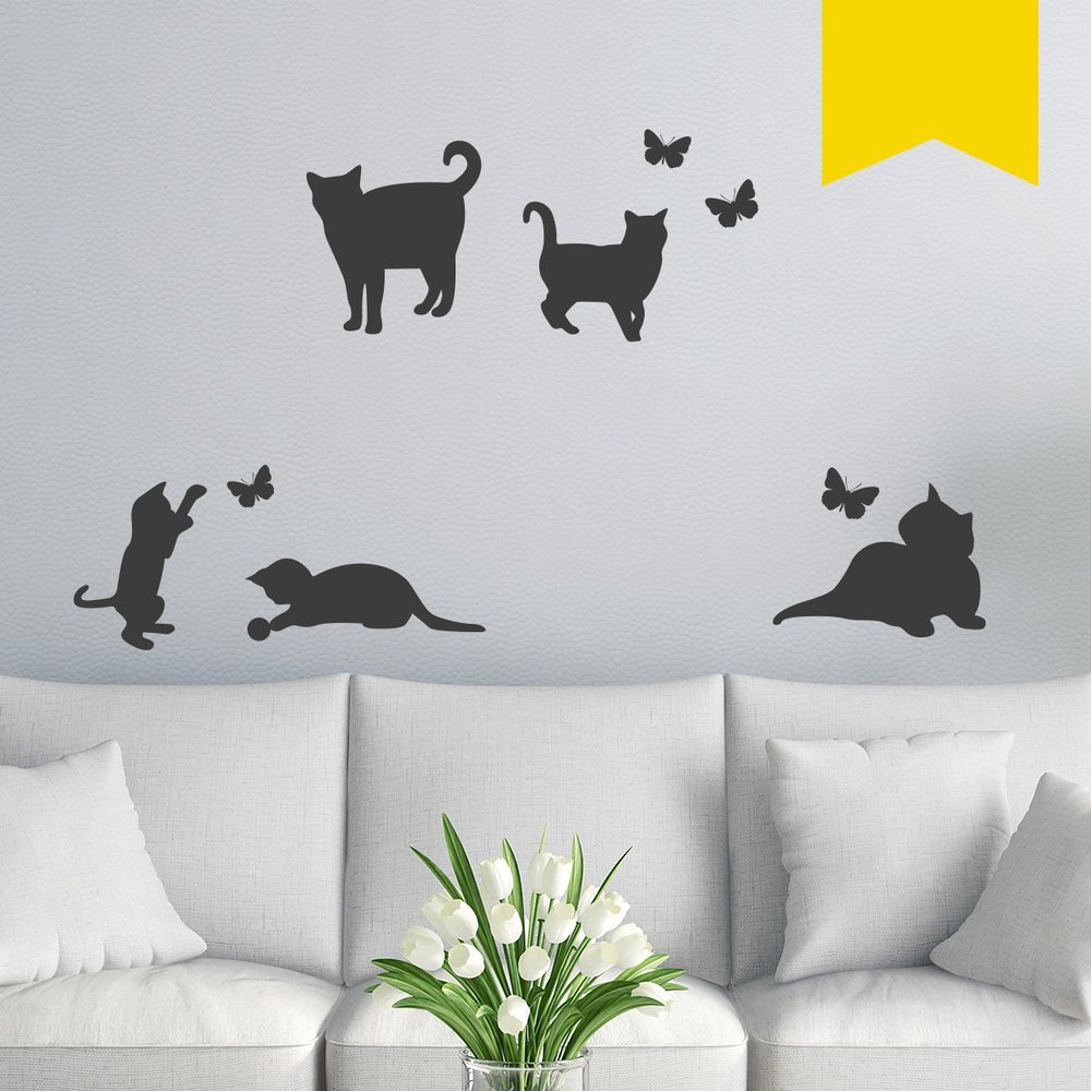 WANDKINGS Wall Decal - 5 Cats and 4 Butterflies - 112 x 140 cm - Yellow - Choose from 5 Sizes and 35 Colors
