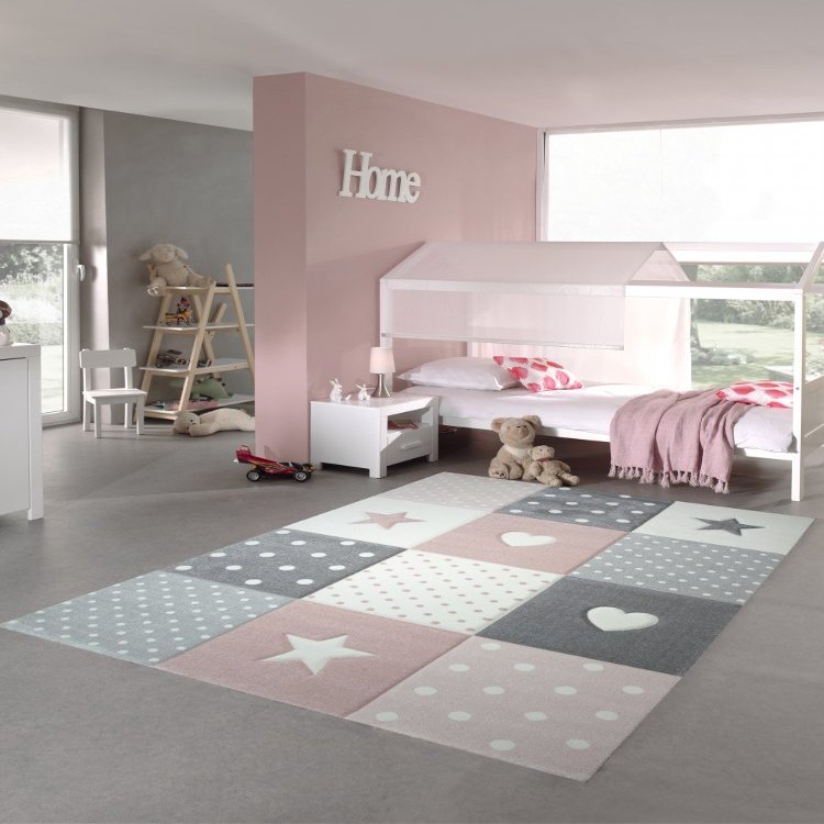 Children’s Rug Hearts Stars Dots Pink White Gray 80 x 150 cm