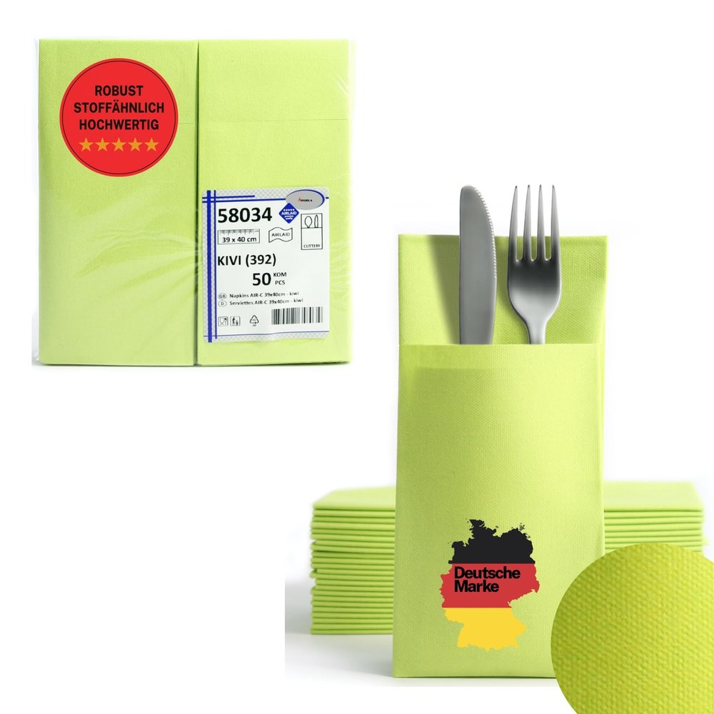 AROBA 50 Pre-Folded Airlaid Cutlery Napkins, 39 x 40 cm, Fabric-Like Disposable Cutlery Pockets with Napkin, Sturdy & Highly Absorbent, for Catering, Events, Hotels & Parties, Green Kiwi