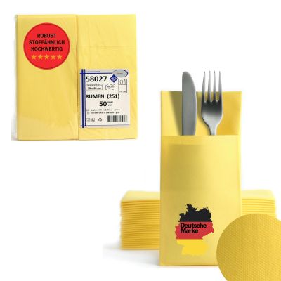 AROBA 50 Pre-Folded Airlaid Cutlery Napkins, 39 x 40 cm, Fabric-Like Disposable Cutlery Pockets with Napkin, Durable & Highly Absorbent, Yellow