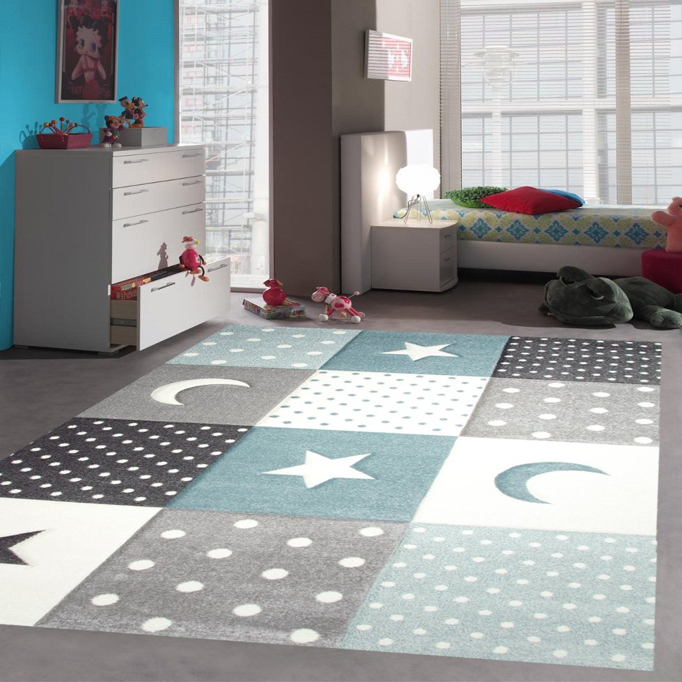 CARPETIA Children's Rug for Nursery, Baby Room, Boy, Stars and Moon, Blue/Light Blue/Turquoise, Round, 120 cm