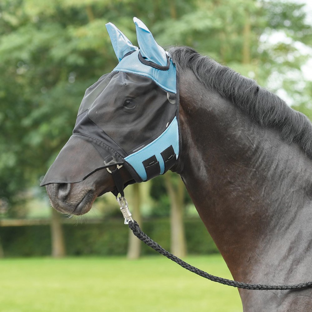 BUSSE FLY COVER PRO Mesh Fly Mask with Ear and Nostril Protection, Light Blue/Black, Size VB
