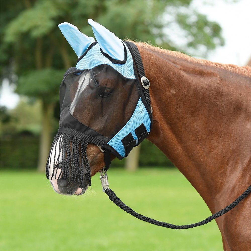 BUSSE FLY COVER FRANSEN Fly Mask, Mesh, Light Blue/Black, Size P, with Ear and Nostril Protection