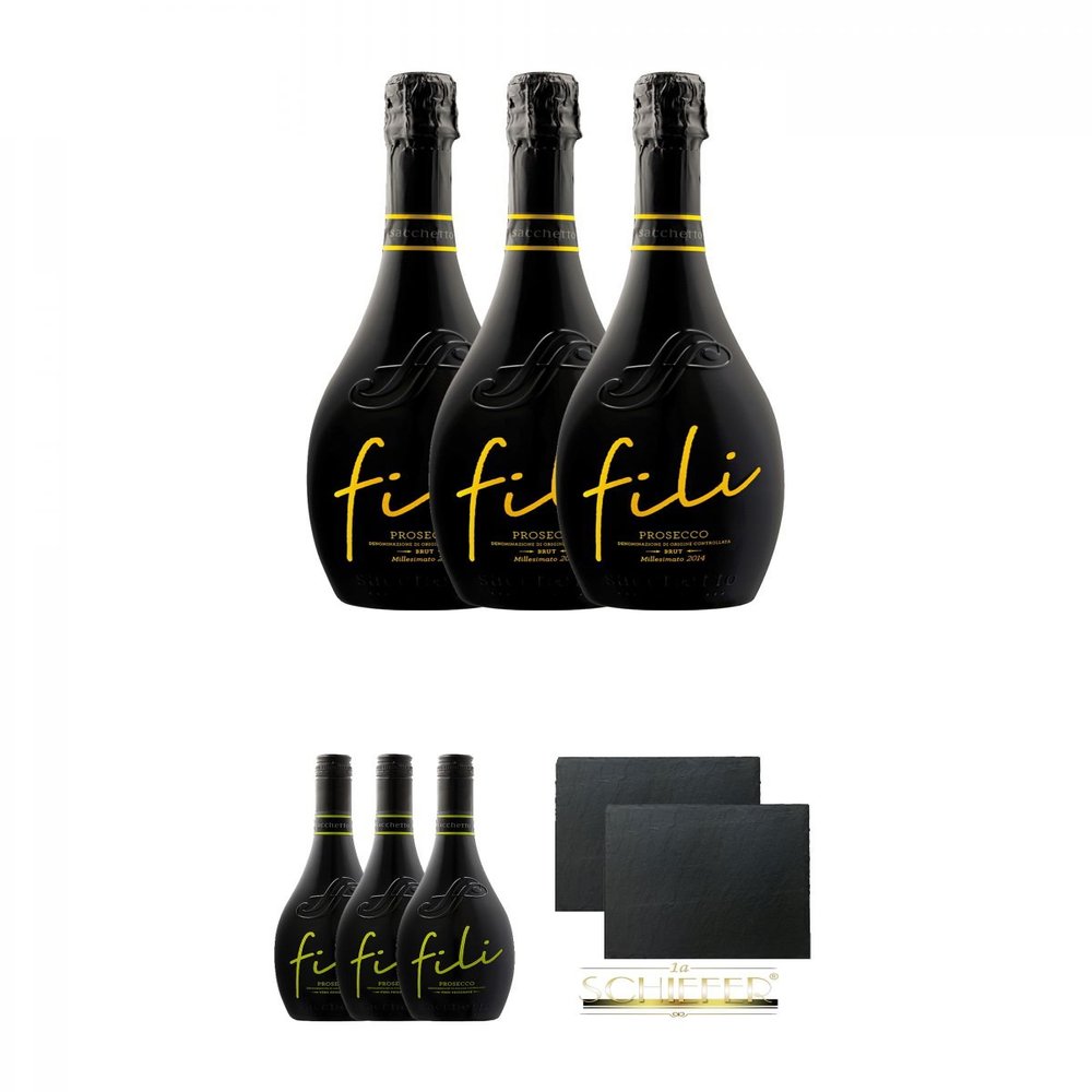 Sacchetto Fili Prosecco DOC Brut Millesimato, 3 x 0.75 L + Vino Frizzante, 3 x 0.75 L + 2 Square Slate Coasters