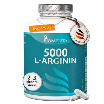 BIOMENTA High-Dose L-Arginine | 500 Vegan Capsules with 620 mg Pure Amino Acids per Capsule | Pre-Workout Supplement Without Additives | Plant-Based & Lab-Tested