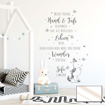 Baby Room Wall Decal Quote & Butterflies with Name & Date M2339 – White, L: 65" H x 100" W