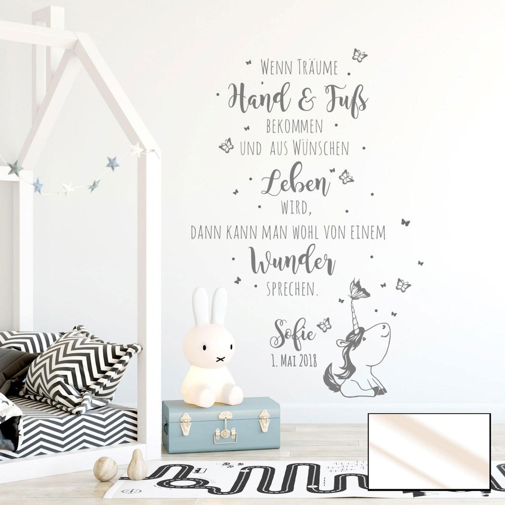 Baby Room Wall Decal Quote & Butterflies with Name & Date M2339 – White, L: 65" H x 100" W