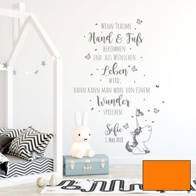 Baby Room Wall Decal with Quote, Butterflies, Name & Date M2339 – Orange, XL (80 cm H × 120 cm W)