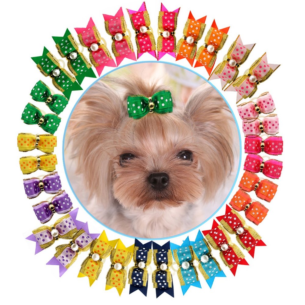 HOLLIHI 32-Piece Pet Hair Bow Set, 16 Pairs with Elastic Bands