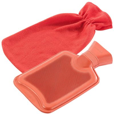 PEARL Hot Water Bottle, Size M, Red, 1 Liter, with Soft Fleece Cover