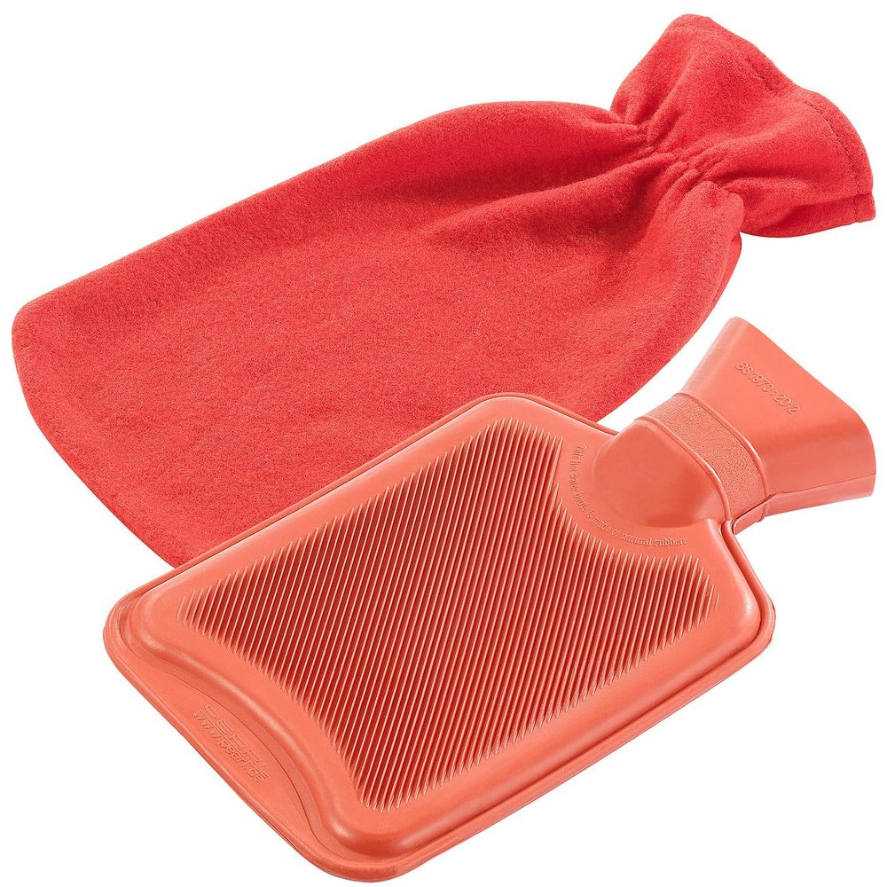 PEARL Hot Water Bottle, Size M, Red, 1 Liter, with Soft Fleece Cover