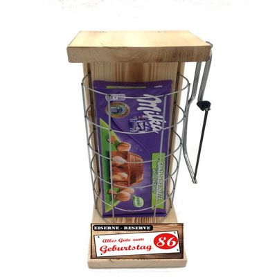 86th Birthday Gift: Milka Hazelnut Alpine Milk Chocolate in Metal Grate with Saw