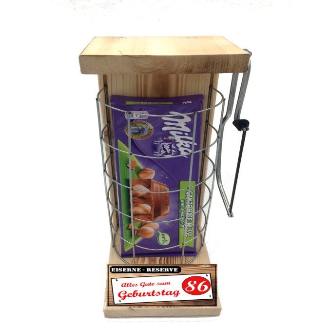 86th Birthday Gift: Milka Hazelnut Alpine Milk Chocolate in Metal Grate with Saw