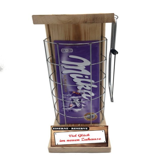 Housewarming Gift – Milka Alpine Milk Chocolate in Metal Grid with Hacksaw