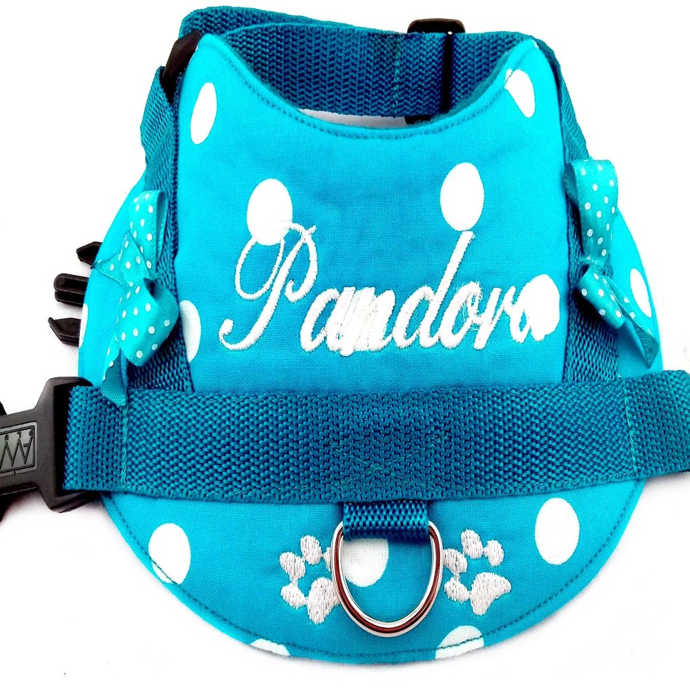 Personalized Dog Harness, Turquoise Dots, Sizes S–XXL