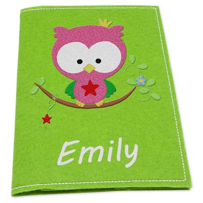 Embroidered German Child Health Record Cover with Name, Owl on Branch